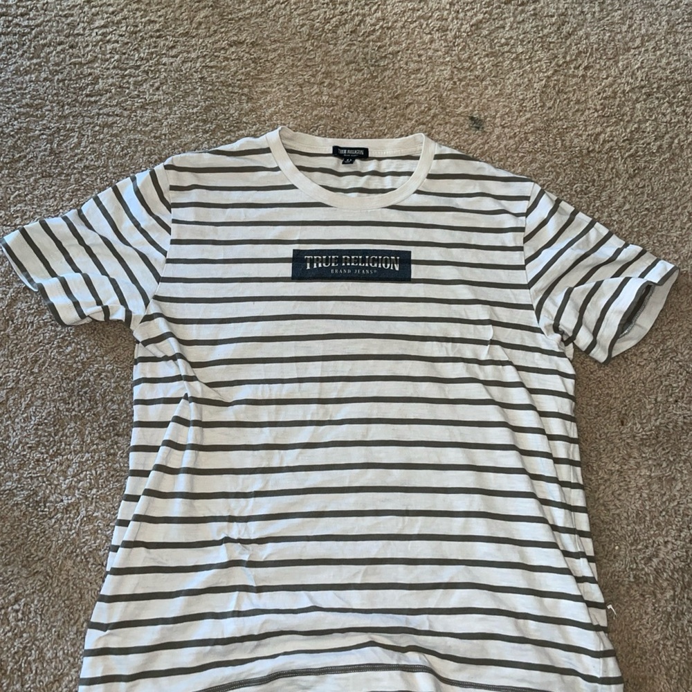 True Religion Men's White and Black Striped Tee